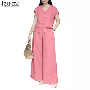 ZANZEA Women Sleeveless Blouse and Wide Leg Pants Casual Two Piece Suit Sets S коричневый