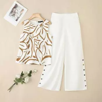 ZANZEA Women Sleeveless Print Tank Tops and Pants Summer Two Piece Suit Sets M