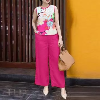 ZANZEA Women Sleeveless Print Tank Tops and Pants Summer Two Piece Suit Sets S