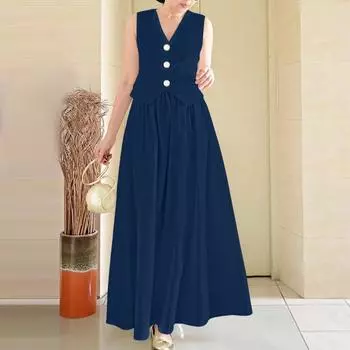 ZANZEA Women Sleeveless Tank Tops and Long Skirts Casual Two Piece Suit Sets 4XL тёмно-синий