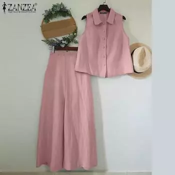 ZANZEA Women Sleeveless Tank Tops and Wide Leg Pants Casual Two Piece Sets S розовый