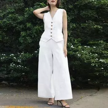 ZANZEA Женские топы без рукавов и широкие брюки, летние комплекты из двух предметов 4XL хаки