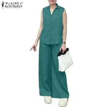 ZANZEA Women Sleeveless Tops and Pants Summer Two Piece Suit Sets L темно-зеленого