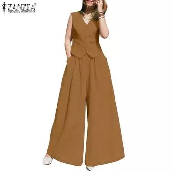 ZANZEA Women Sleeveless Vest and Wide Leg Pants Summer Two Piece Sets