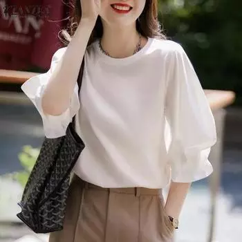 ZANZEA Women Spring Round Neck Bubble 3/4 Sleeve Blouses S белый