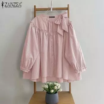 ZANZEA Women Spring Round Neck Long Sleeve Striped Shirts S темно-зеленого