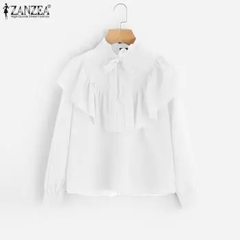 ZANZEA Women Spring Ruffled Round Neck Long Sleeve Tie Blouses S белый