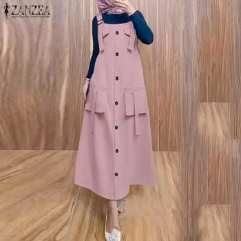 ZANZEA Women Square Collar Loose Casual Sleeveless Straps Retro Dress S чёрный