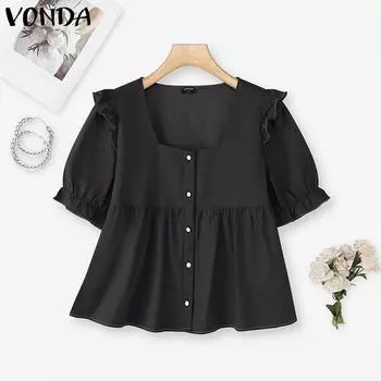 ZANZEA Women Square Collar Short Sleeve Buttons Up Ruffled Casual Blouse S
