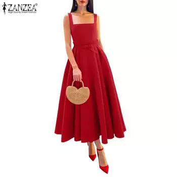 ZANZEA Women Square Collar Summer Casual Sleeveless Long Dress S красный