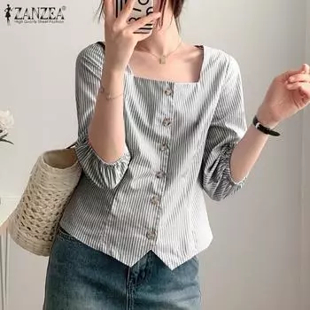 ZANZEA Women Square Neck Summer Casual 3/4 Sleeve Loose Stripe Blouse S синий