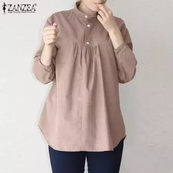 ZANZEA Женские плиссированные однотонные свободные блузки в клетку с длинным рукавом и воротником-стойкой 3XL синий