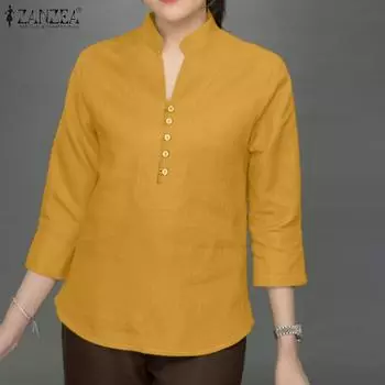 ZANZEA Women Stand Collar Loose Summer 3/4 Sleeve Blouse S жёлтый