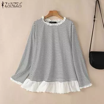 ZANZEA Women Stripe Print Casual Round Neck Long Sleeve T-Shirts S чёрный
