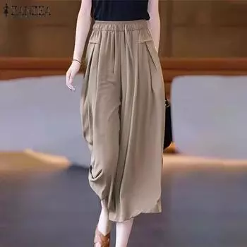 ZANZEA Женские летние повседневные свободные укороченные брюки с эластичной резинкой на талии S чёрный