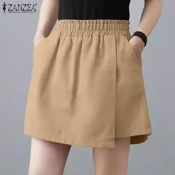ZANZEA Women Summer Casual Elastic Waist Solid Color Loose Short Pants S чёрный