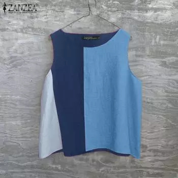 ZANZEA Женские летние повседневные майки без рукавов с круглым вырезом в стиле пэчворк 4XL синий