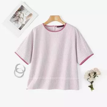 ZANZEA Women Summer Casual Round Neck Loose Short Sleeve Stripe Blouse S розовый