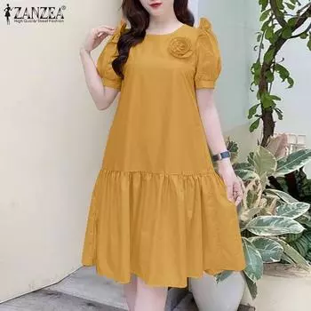 ZANZEA Women Summer Casual Round Neck Loose Short Sleeve Dress S жёлтый