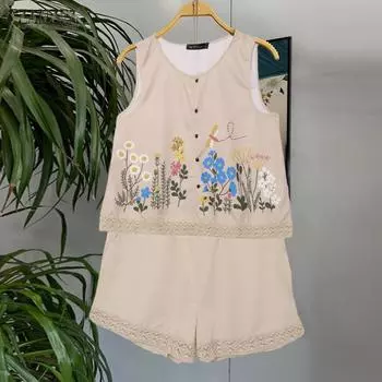 ZANZEA Women Summer Casual Round Neck Sleeveless Printed Lace Tanks Shorts Sets 2XL