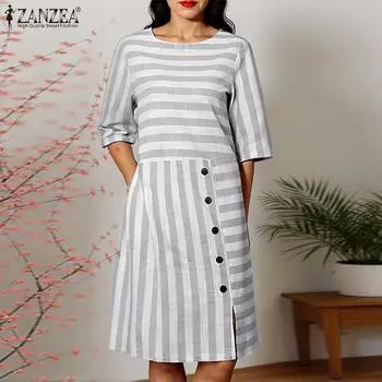 ZANZEA Women Summer Crew Neck Short Sleeve Pocket Stripe Slit Dresses XL серый