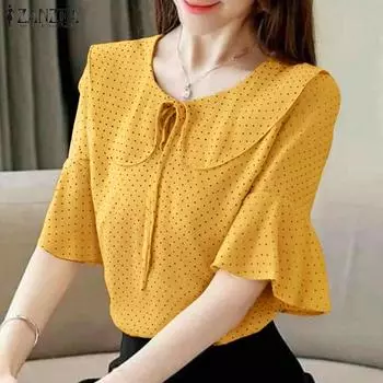 ZANZEA Women Summer Doll Collar Half Sleeve Casual Polka Dot Print Blouse S жёлтый