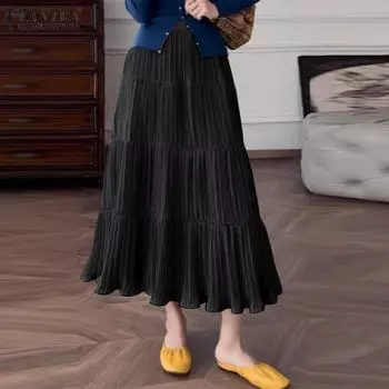 ZANZEA Women Summer Elastic Waist A-Line Pleated Skirts S жёлтый