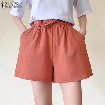ZANZEA Women Summer Elastic Waist Drawstring Pocket Homewear Shorts M оранжевый