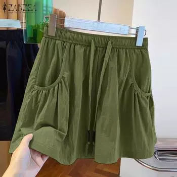 ZANZEA Women Summer Elastic Waist Drawstring Pocket Pajama Shorts M розовый