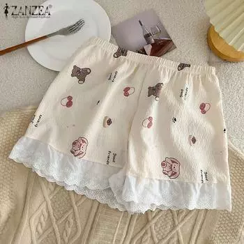 ZANZEA Women Summer Elastic Waist Printed Lace Pajama Shorts M бежевый