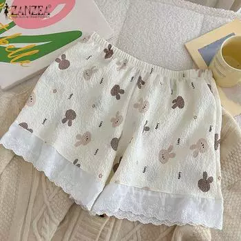 ZANZEA Women Summer Elastic Waist Printed Lace Hem Beach Pajama Shorts Pants M бежевый