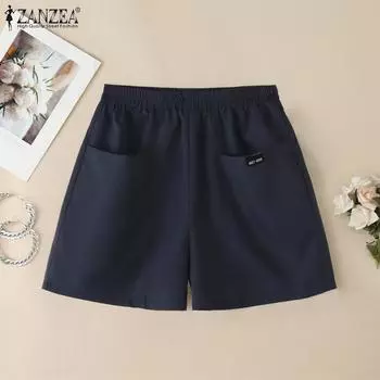 ZANZEA Women Summer Elastic Waist Solid Color Casual Short Pants S белый