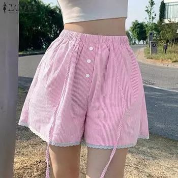 ZANZEA Women Summer Elastic Waist Striped Tie Pajama Shorts M зелёный