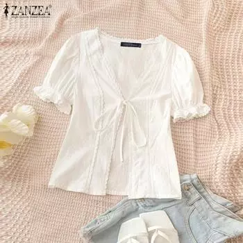 ZANZEA Женские летние кружевные блузки с V-образным вырезом, однотонные, с короткими рукавами и завязками XL белый