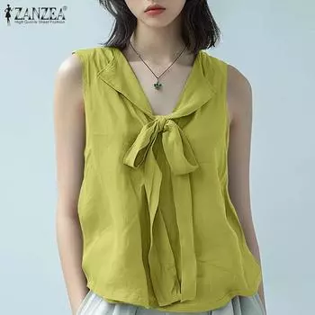 ZANZEA Women Summer Lapel Tie Solid Color Tanks S зелёный