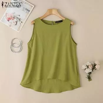 ZANZEA Women Summer O-neck Loose Casual Asymmetrical Sleeveless Tank Tops S зелёный