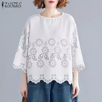 ZANZEA Женские летние блузки с круглым вырезом и рукавом 3/4 с волнистым краем S белый