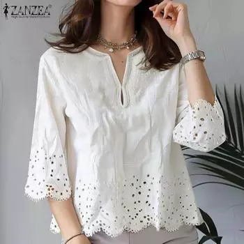 ZANZEA Women Summer Round Neck 3/4 Sleeve Hollow Print Lace Blouses 4XL белый