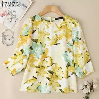 ZANZEA Женская летняя блузка с круглым вырезом, рукавами 3/4, свободного кроя, с принтом XL