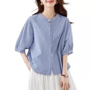 ZANZEA Women Summer Round Neck Half Sleeve Casual Stripe Blouse S