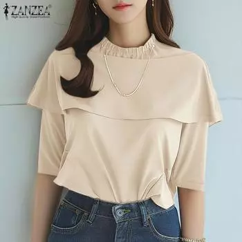 ZANZEA Women Summer Round Neck Half Sleeve Blouses M чёрный