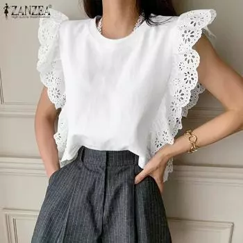 ZANZEA Women Summer Round Neck Lace Crochet Splice Sleeveless Casual Blouse S белый