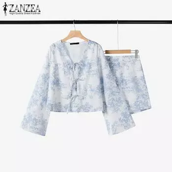 ZANZEA Women Summer Round Neck Long Sleeve Tie Printed Blouse Pocket Shorts Sets S синий