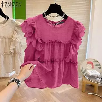 ZANZEA Women Summer Round Neck Ruffle Short Sleeve Blouses L