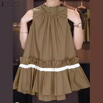 ZANZEA Женские летние платья А-силуэта с круглым вырезом и оборками без рукавов 5XL синий