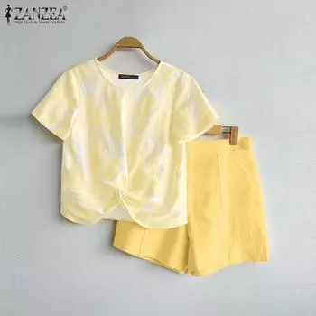 ZANZEA Женские летние блузки с круглым вырезом и коротким рукавом с принтом, комплекты с шортами 3XL