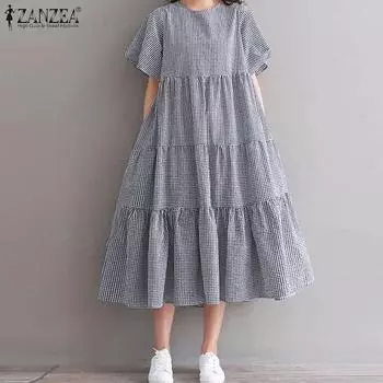 ZANZEA Женские летние платья свободного покроя с круглым вырезом и коротким рукавом в клетку S темно-синий