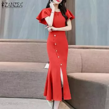 ZANZEA Женское летнее платье с круглым вырезом и коротким рукавом, с талией, с бахромой S красный