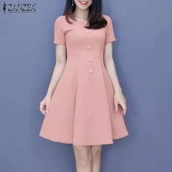 ZANZEA Women Summer Round Neck Short Sleeve Casual A-Line Dress S розовый