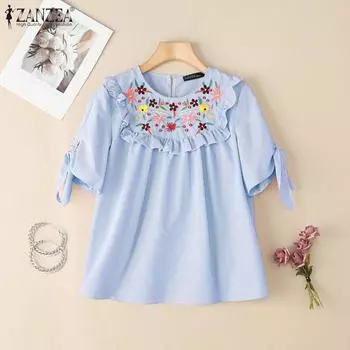 ZANZEA Women Summer Round Neck Short Sleeve Floral Print Stripe Blouse S синий